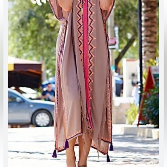 Spool No. 72 Kaftan Boho Beach Embroidered Fringe V Neck Open Sides Taupe OS - Picture 2 of 10